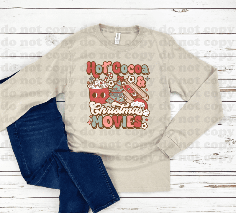 Hot cocoa and Christmas Movies tee on a long sleeve shirt